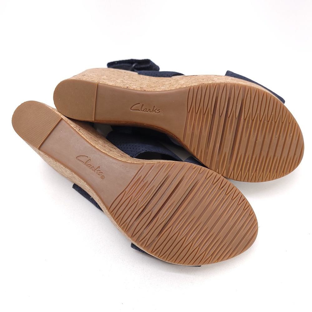 Clarks Collection Navy Blue Perforated Leather Cork Wedge Sandals Womens 7.5 M - Picture 3 of 8
